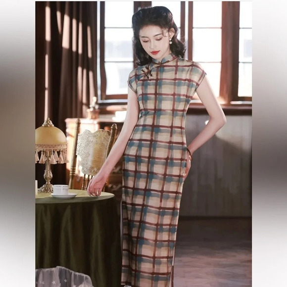 Old Shanghai Hong Kong Style Checker Patterned Cheongsam Dress Qipao sz M brown - Picture 8 of 8